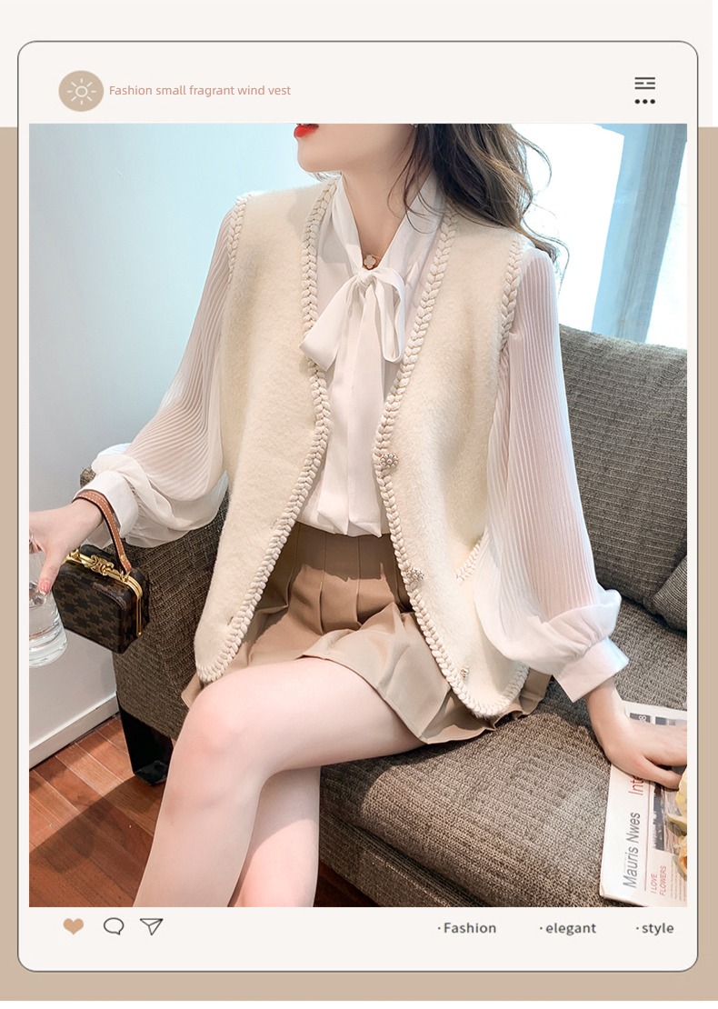 Little fragrance early autumn winter temperament Show thin white Cardigan