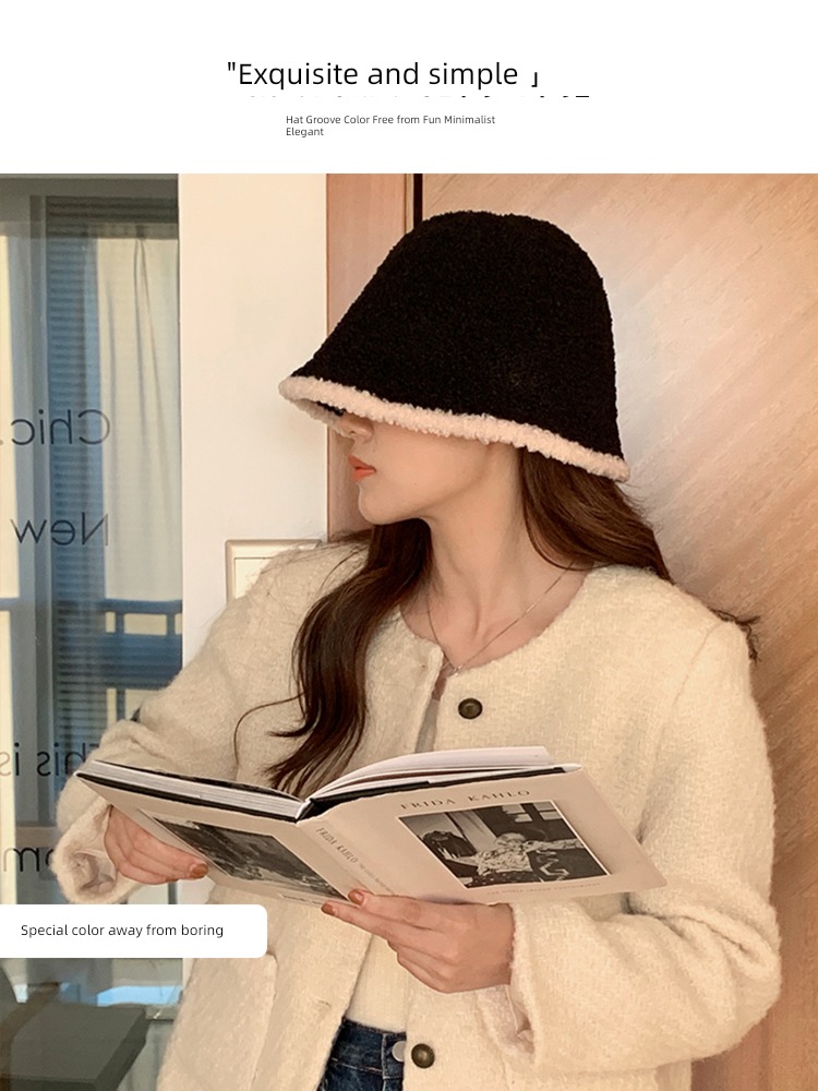 Korean version Plush Fisherman hat female Autumn and winter Versatile Show a small face Bucket cap ins Internet celebrity Color contrast edge knitting Basin cap