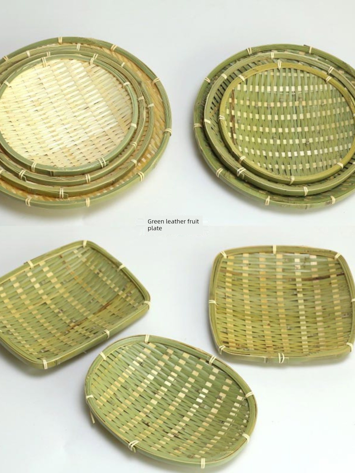 Handmade Bamboo Fruit Plate Small Bamboo Basket Dustpan Fruit Hot Pot Barbecue Snack Plate Tableware Tray round Bamboo Basket Green Silk