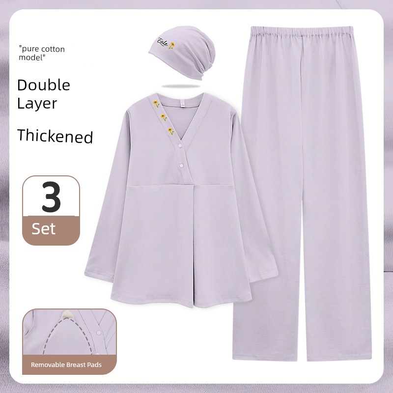 Maternity Pajamas with Breast Pads, Pure Cotton, Sweat-Absorbent, Autumn and Winter Style, Nursing Maternity Sleepwear, Summer Thin Style, Postpartum — 3
