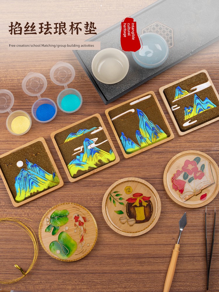 Cloisonne Enamel Painting Non-Heritage a Panorama of Rivers and Mountains Coaster Traditional Culture Handmade DIY Material Package Gift Group Building