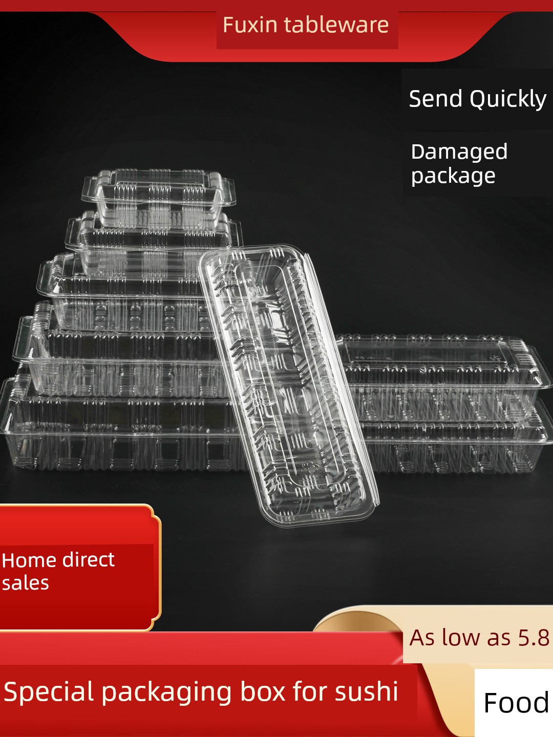 Disposable Rectangular Sushi Packaging Containers for Fruits, Desserts, Fries, Turkey, and Transparent Bowl Cakes