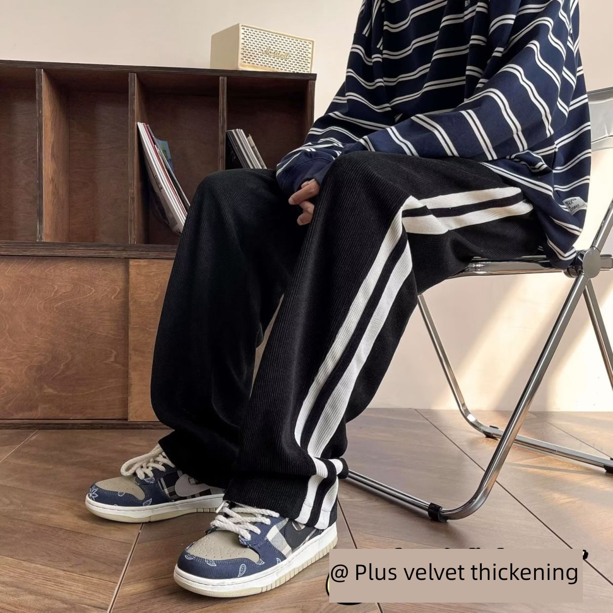 Plush stripe winter Sense of design leisure time Straight pants