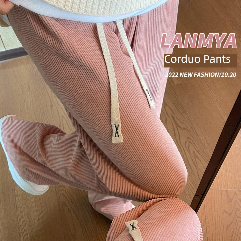 Pink Plush Wide leg pants female Autumn and winter 2022 new pattern High waist Sagging sensation leisure time little chap corduroy Straight pants