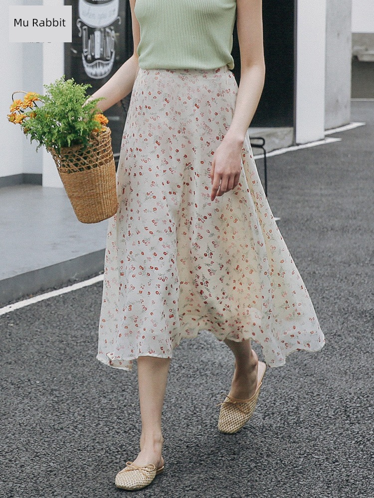 Broken flower Chiffon Medium and long term Cover the crotch Foreign style skirt