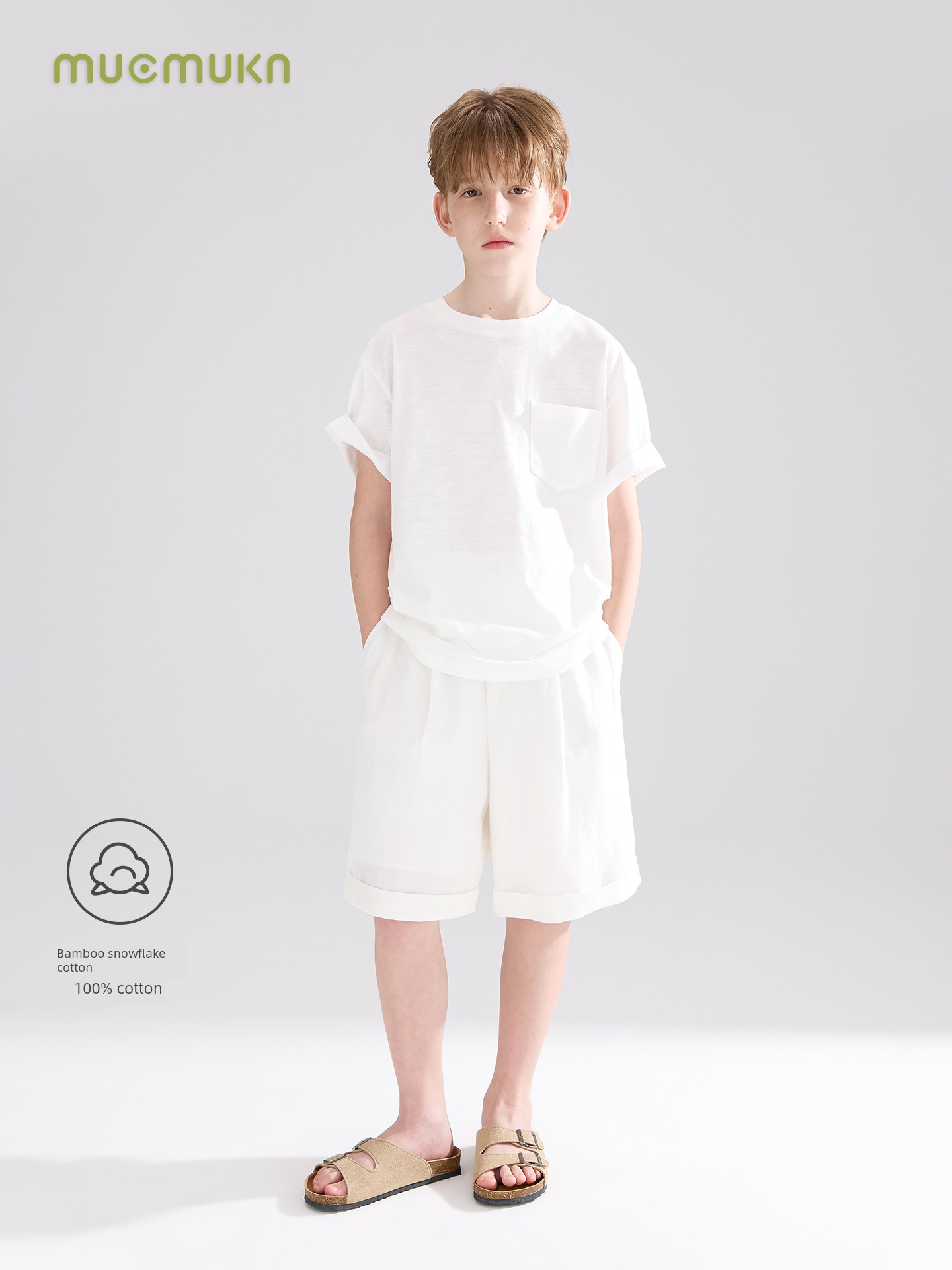 Mucmukn【Italian Style Relaxed】Bamboo Snowflake Cotton Simple Old Money Style Short Sleeve T-Shirt for Men, Women, and Children 26 Summer New