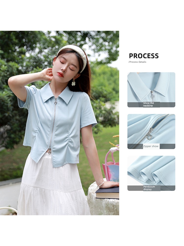 Blue language just shoulder Double zipper Polo shirt Short sleeve T-shirt