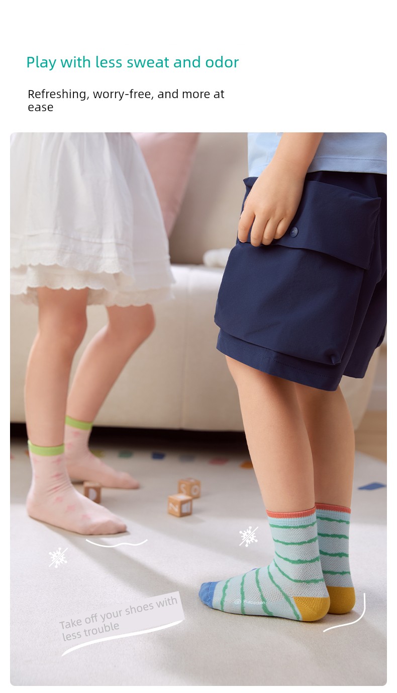 [3 Pairs] Purcotton Kids Pure Cotton Socks Boys and Girls Student Socks Thin Breathable Mesh Socks — 16