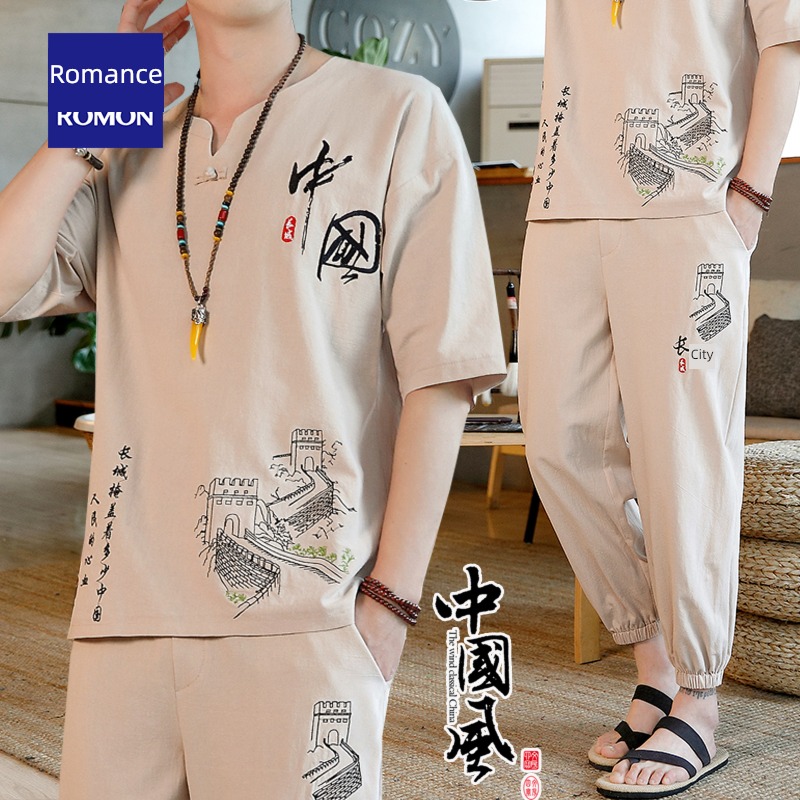 Romon Thin money Cotton and hemp man Chinese style Short sleeve Tang costume
