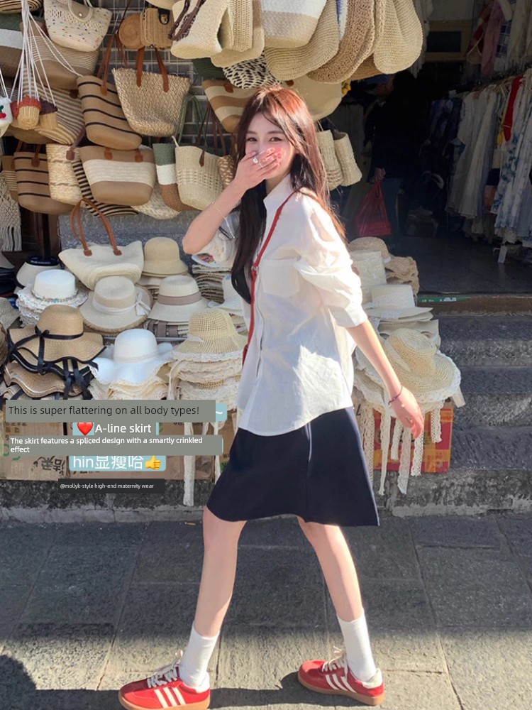 Japanese-Style College-Style Half-Skirt for Pregnant Women, Summer Thin Fashion Slimming Versatile Lazy Puff Skirt A-Line Midi Skirt — 2