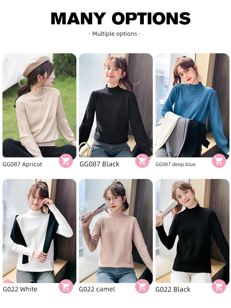 white ma'am Spring and Autumn High collar Inner lap Long sleeve sweater