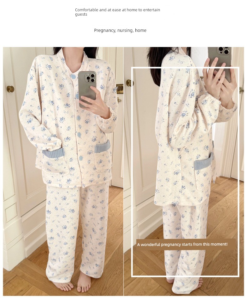 Spring, Autumn, and Winter Maternity Pajamas with Chest Pads, Thickened Air Cotton, No Need to Wear Underwear, Layered Maternity Sleepwear with Hood Set — 28