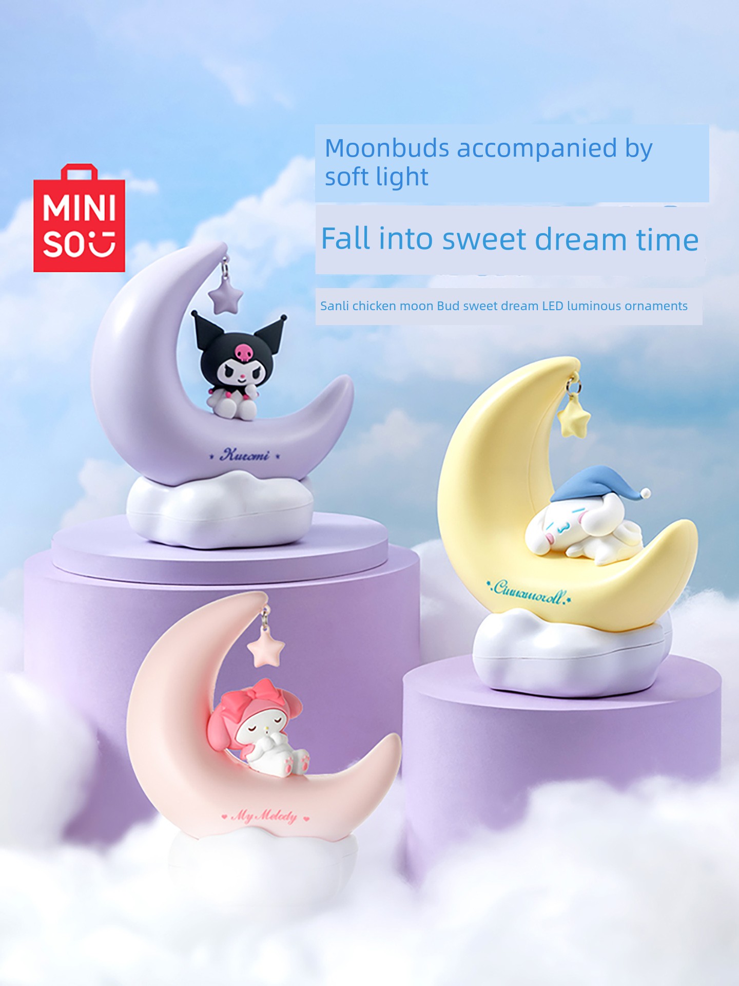 Miniso MINISO Sanrio Moon Bud Sweet Dream Led Small Night Lamp Decoration Cinnamoroll Babycinnamoroll Kuromi USB Interface