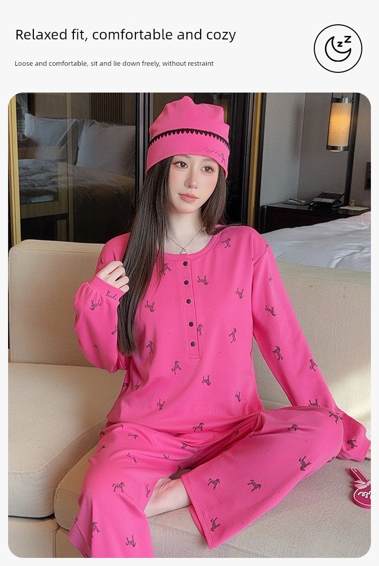 Maternity Pure Cotton Sweat-Absorbent Postpartum Clothing with Hat, Suitable for Spring and Autumn, Nursing Wear, Autumn and Winter Maternity Pajama Set, — 7