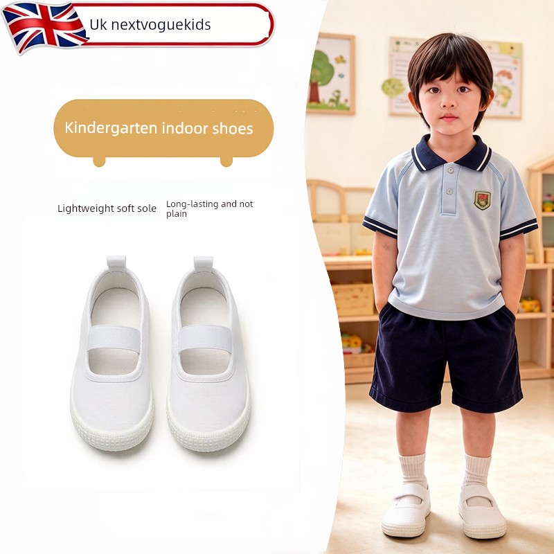 Kindergarten Indoor Shoes for Boys, Lightweight Canvas Shoes, Non-Slip Toddler Shoes, White Shoes for Entering School, 2026 New Model