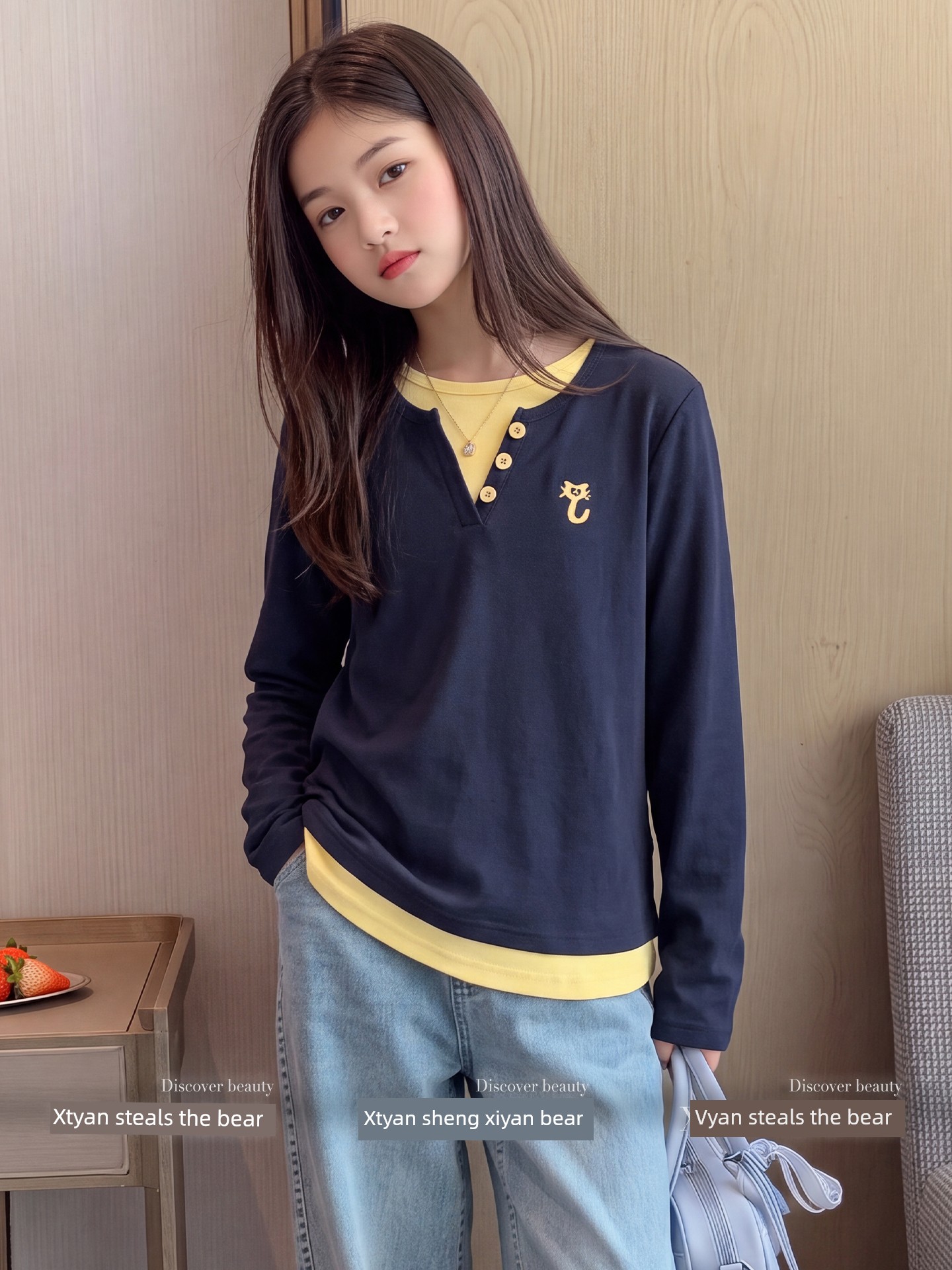 Girls' Long-Sleeve T-Shirt Autumn Outfit Henley Collar Top for Older Girls Autumn Base Shirt Faux Two-Piece Spring and Autumn Style Children's Wear — 9