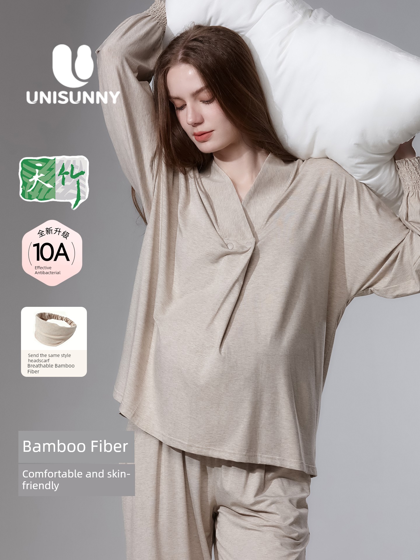 Unisunny Bamboo Fiber Postpartum Clothing for Autumn, Maternity Wear for Pre and Post-Natal Breastfeeding, Bamboo Cotton Nursing Pajamas, Autumn and Winter Home Wear