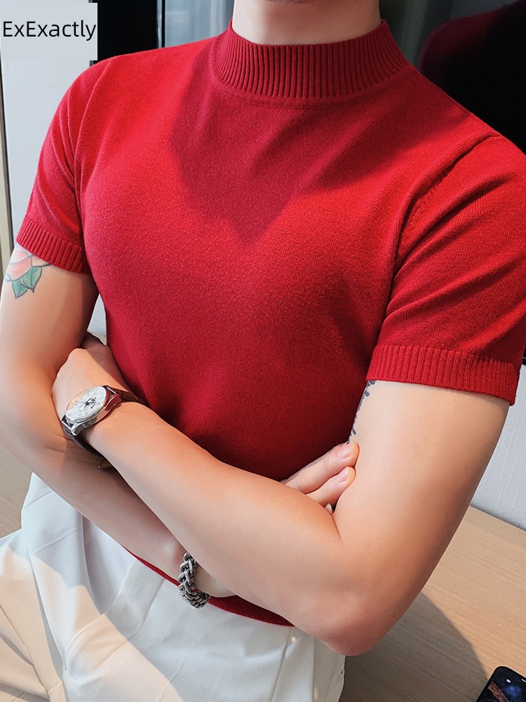 Half high collar Korean version Solid color Versatile Skin friendly knitting Short sleeve