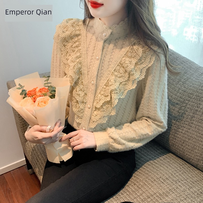 fashion Plush Lace Undershirt female Autumn and winter clothes 2022 winter new pattern Lotus leaf collar Foreign style Inner lap Small shirt jacket
