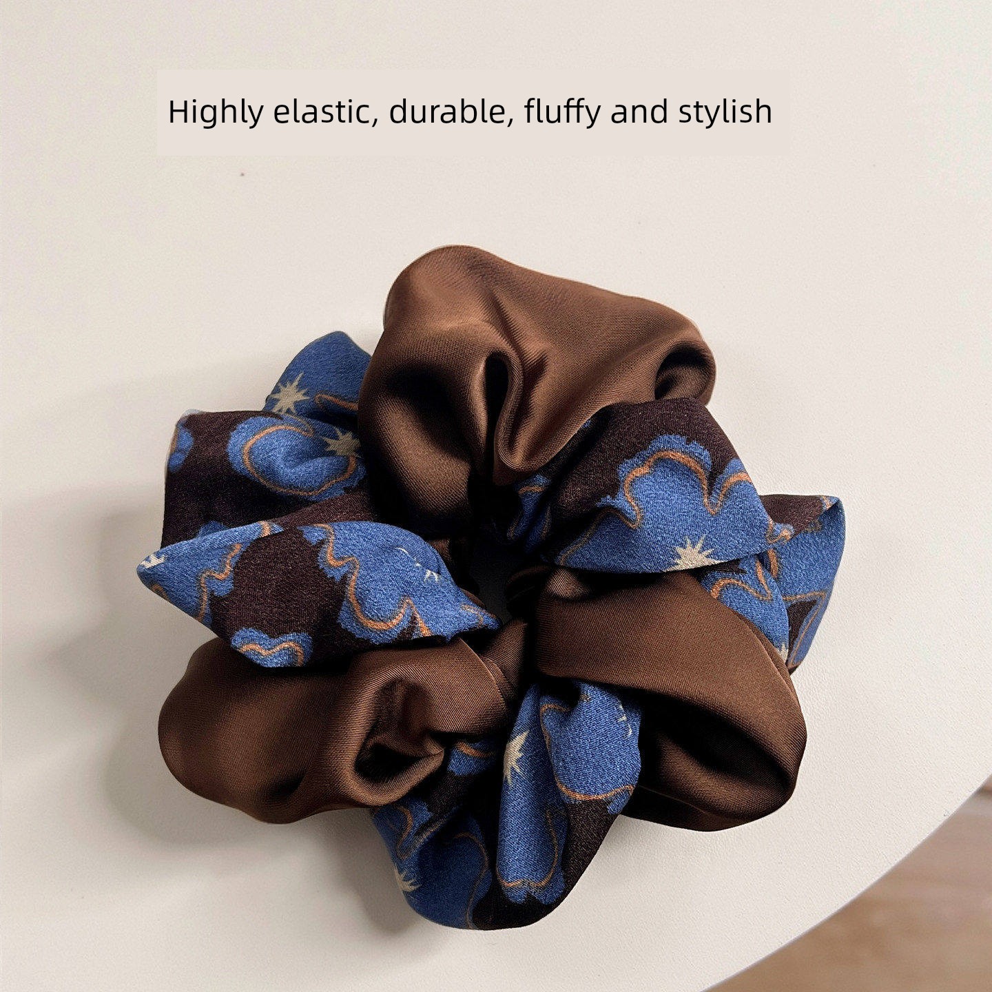 Vintage Blue and Coffee Color-Blocking Printed Scrunchie for Women, 2026 New Style, High-End Fashion Double-Layer Hair Tie