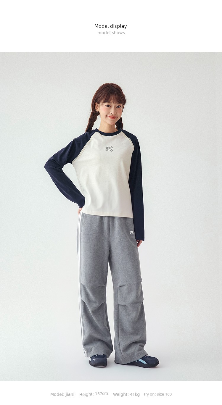Princess Nono S1N Junior High School Student 26 Autumn Color-Block Double Stripe Casual Pants for Girls, Korean Style Relaxed Fit Flare Pants — 13