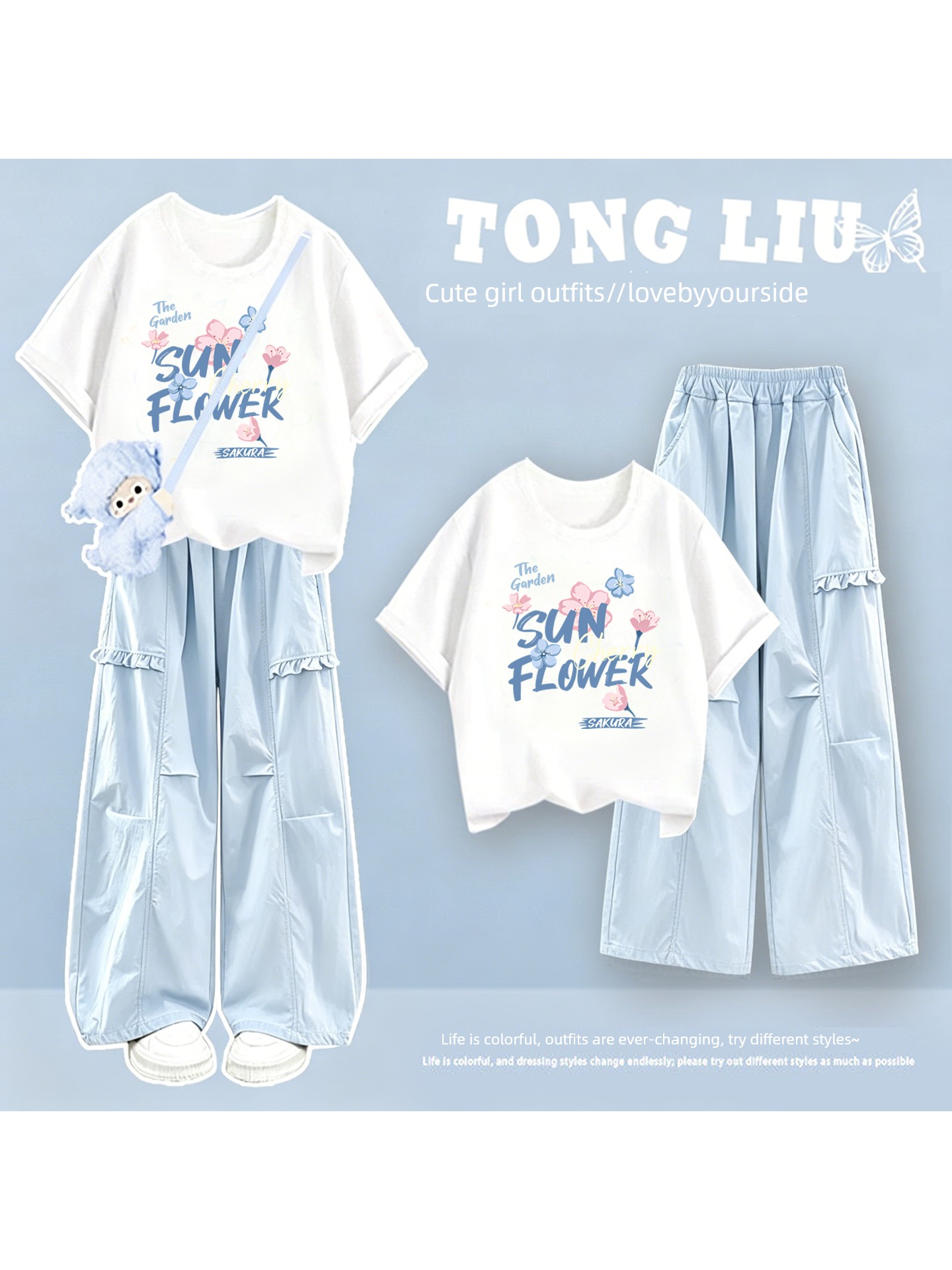 Girls' Short-Sleeved Summer Suit 2026 New Style for Middle School Students, Stylish Pure Cotton Clothing, Thin Cargo Pants — 5