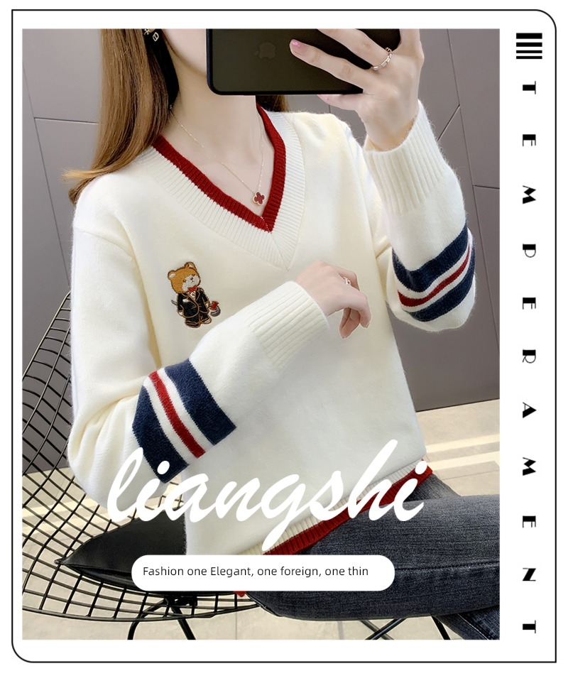Autumn clothes easy Academic atmosphere Undershirt V Collar sweater