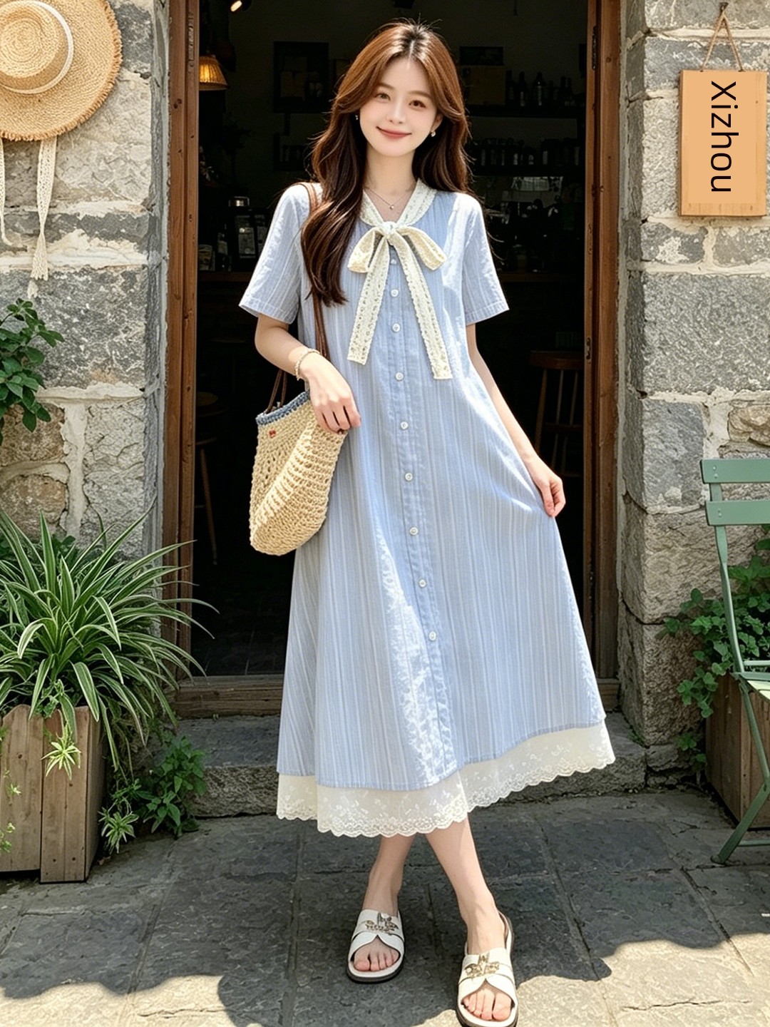 Maternity Dress Summer Thin Style 2026 New Blue Sweet Lace Splicing Short-Sleeved A-Line Dress Mid-Length for Women — 2