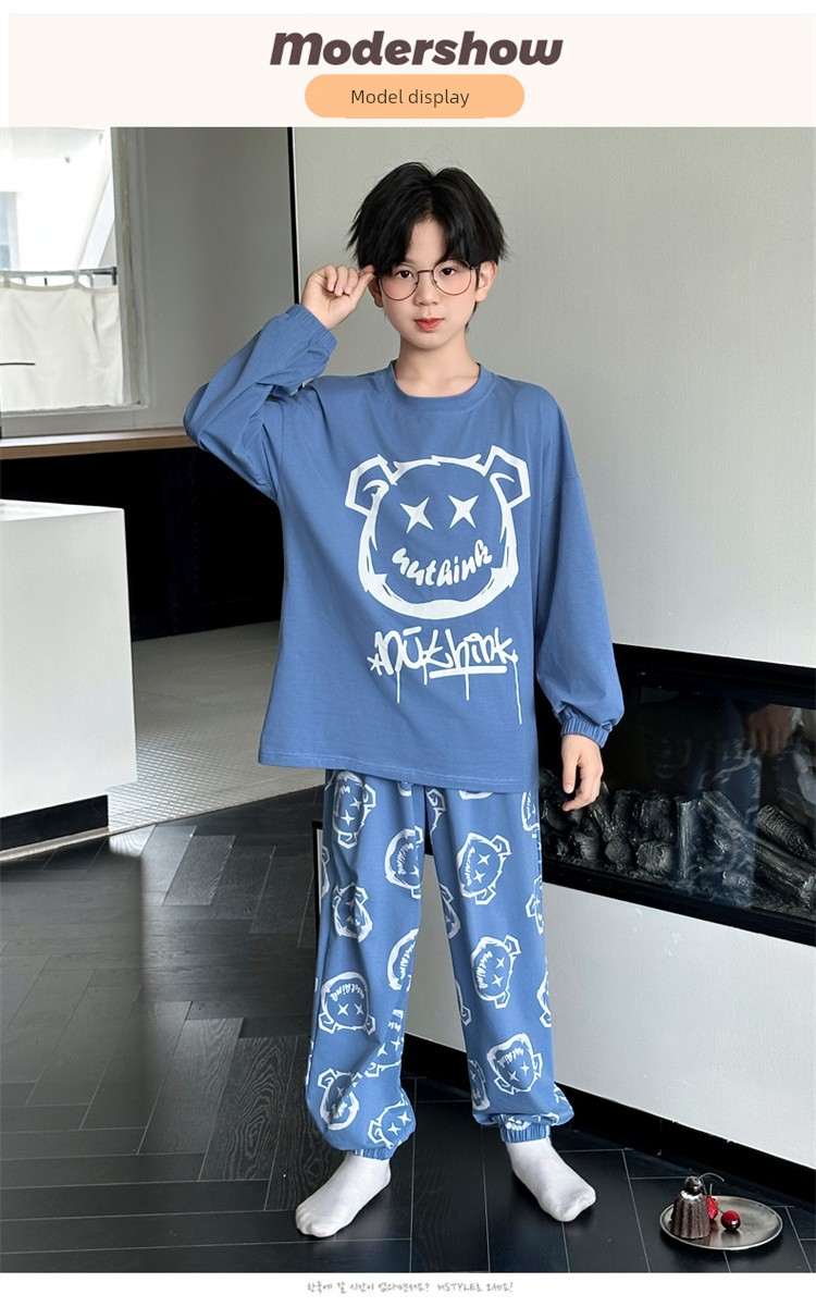 Cotton Boys' Pajamas for Spring and Autumn, Pure Cotton Long-Sleeved Plus-Size, Suitable for Wearing Outside, Autumn Style, Youth Student Loungewear — 7