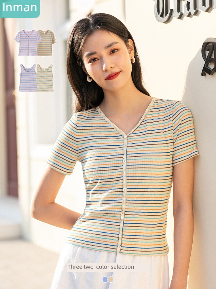 Inman  colour stripe ma'am Short sleeve Simplicity V-neck T-shirt