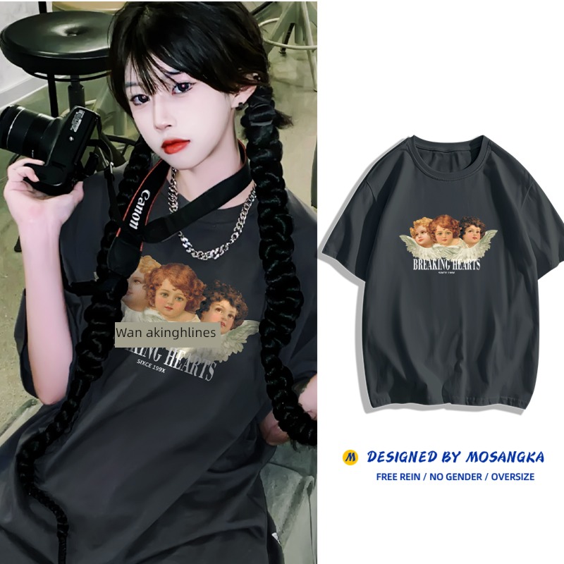 Early summer angel printing dark grey easy Short sleeve T-shirt