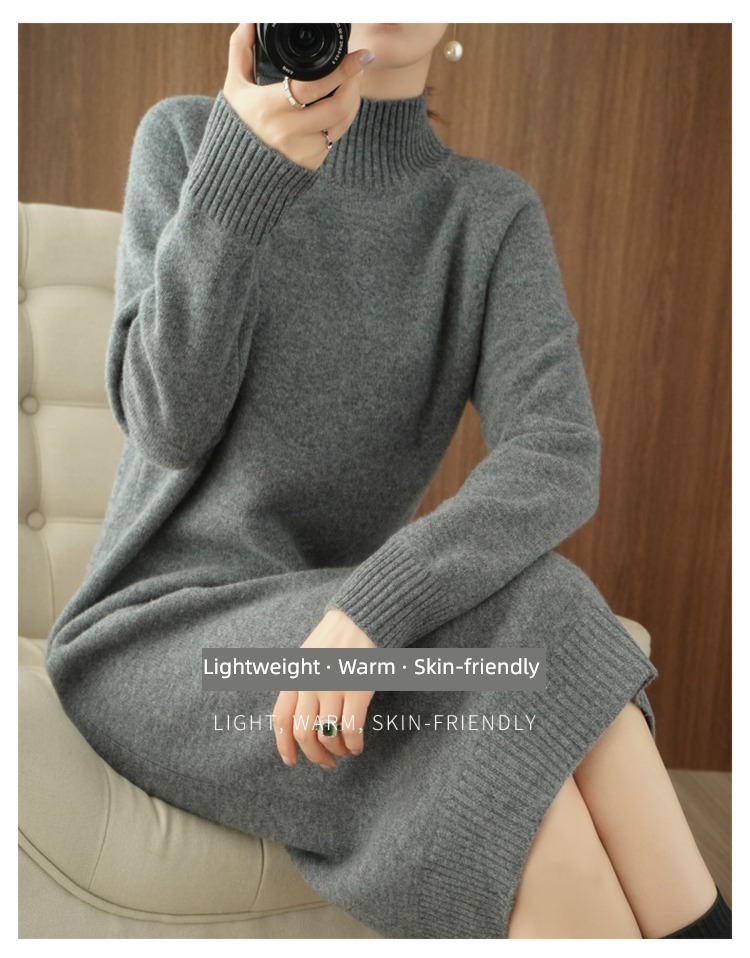 Korean version Medium and long term knitting Half high collar easy Wool dress