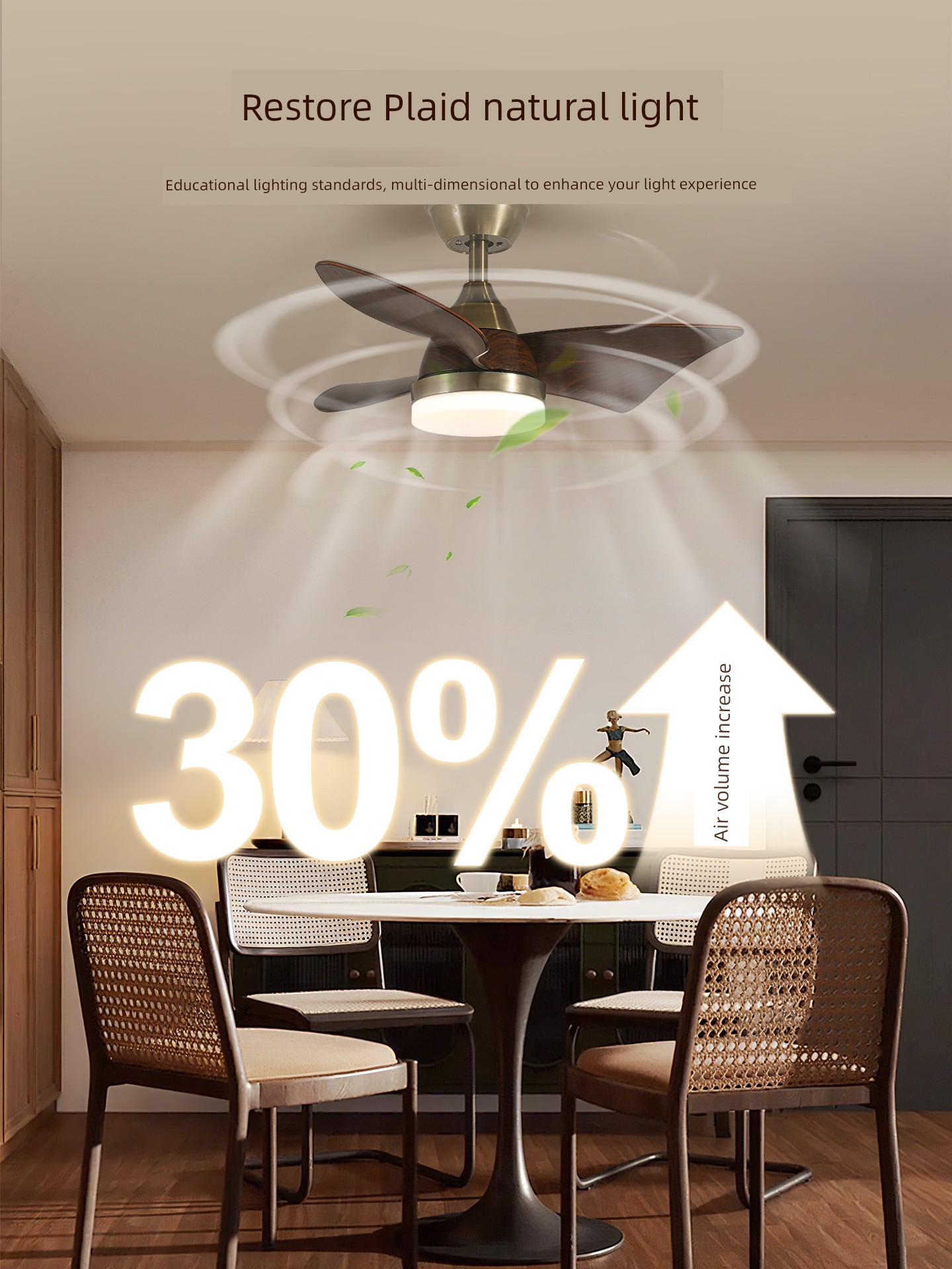 Bedroom Straight Leaf Fan Lamp Middle Ancient Style Ceiling Fan Lights Mute Walnut Color Electric Fan Integrated Study Room Light R335