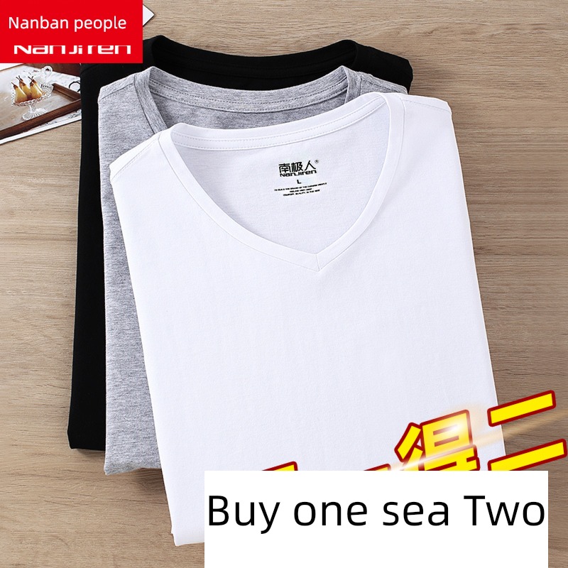 man Short sleeve white pure cotton Inner lap Autumn clothes V-neck T-shirt