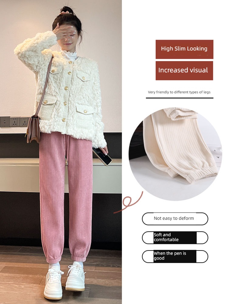 Dark coffee chenille  Tie one's feet leisure time Plush Sports pants
