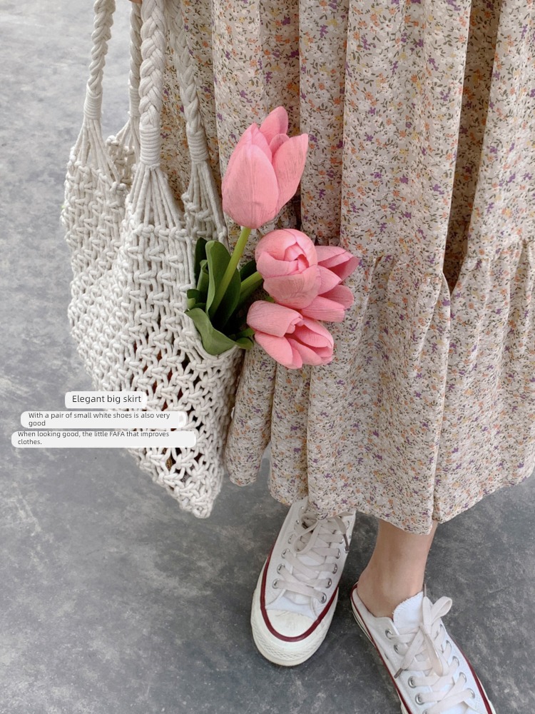 tender spring and autumn V-neck Chiffon have more cash than can be accounted for Broken flower Dress
