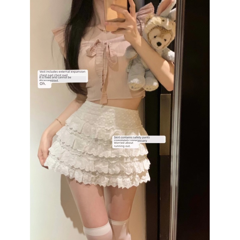 Sweet and spicy white summer Sense of design Cake Short skirt Lace