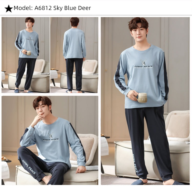 male Long sleeve Cotton Big size Autumn  summer suit pajamas