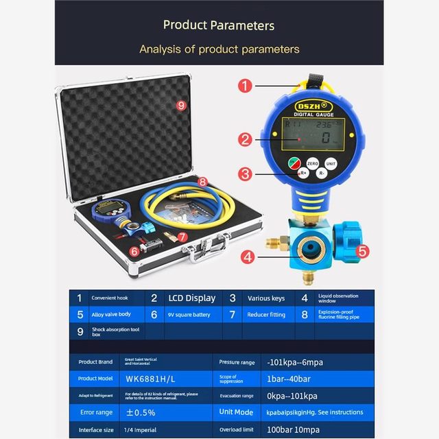 Dasheng Digital Electronic Pressure Gauge WK-6881H/L Air Conditioner Fluorine Refrigerant Digital Gauge Vacuum Add Refrigerant
