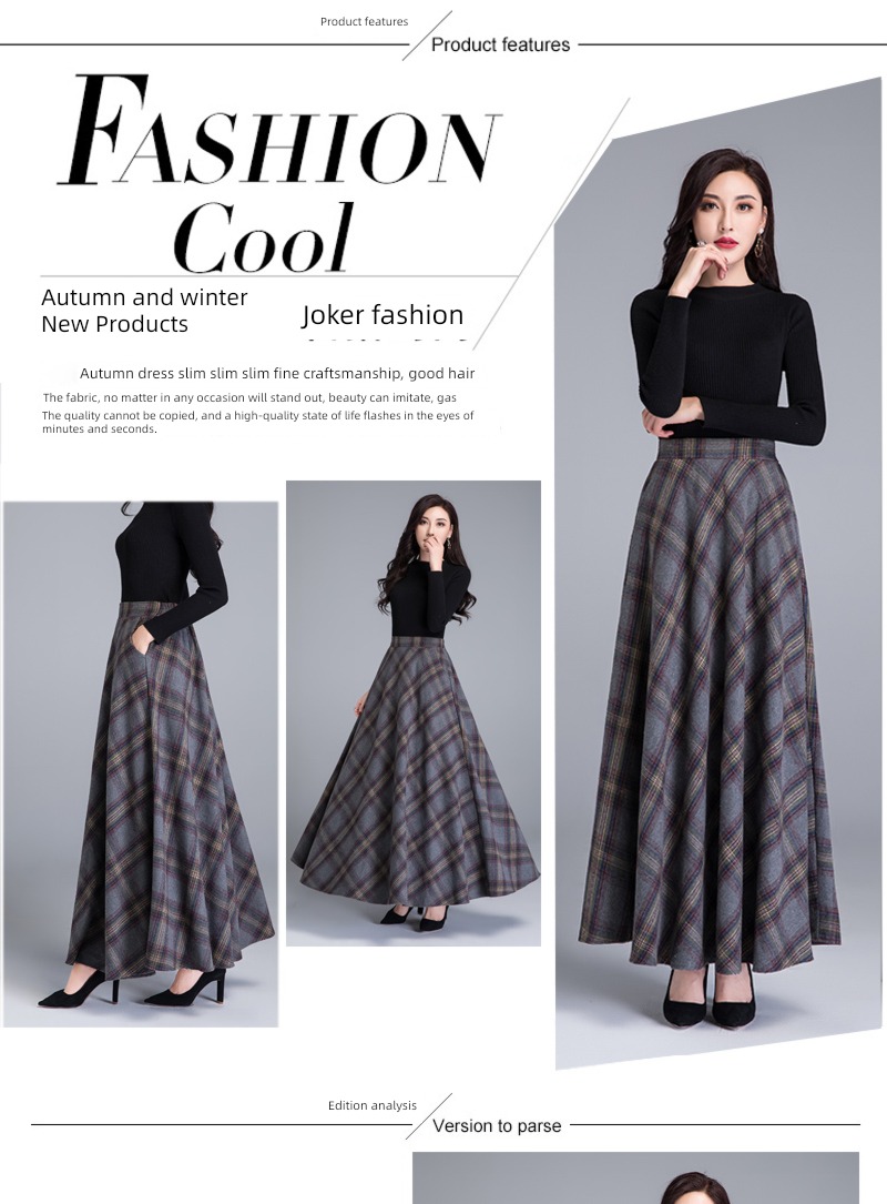 Wool lattice Retro Big size High waist Show thin Medium length skirt