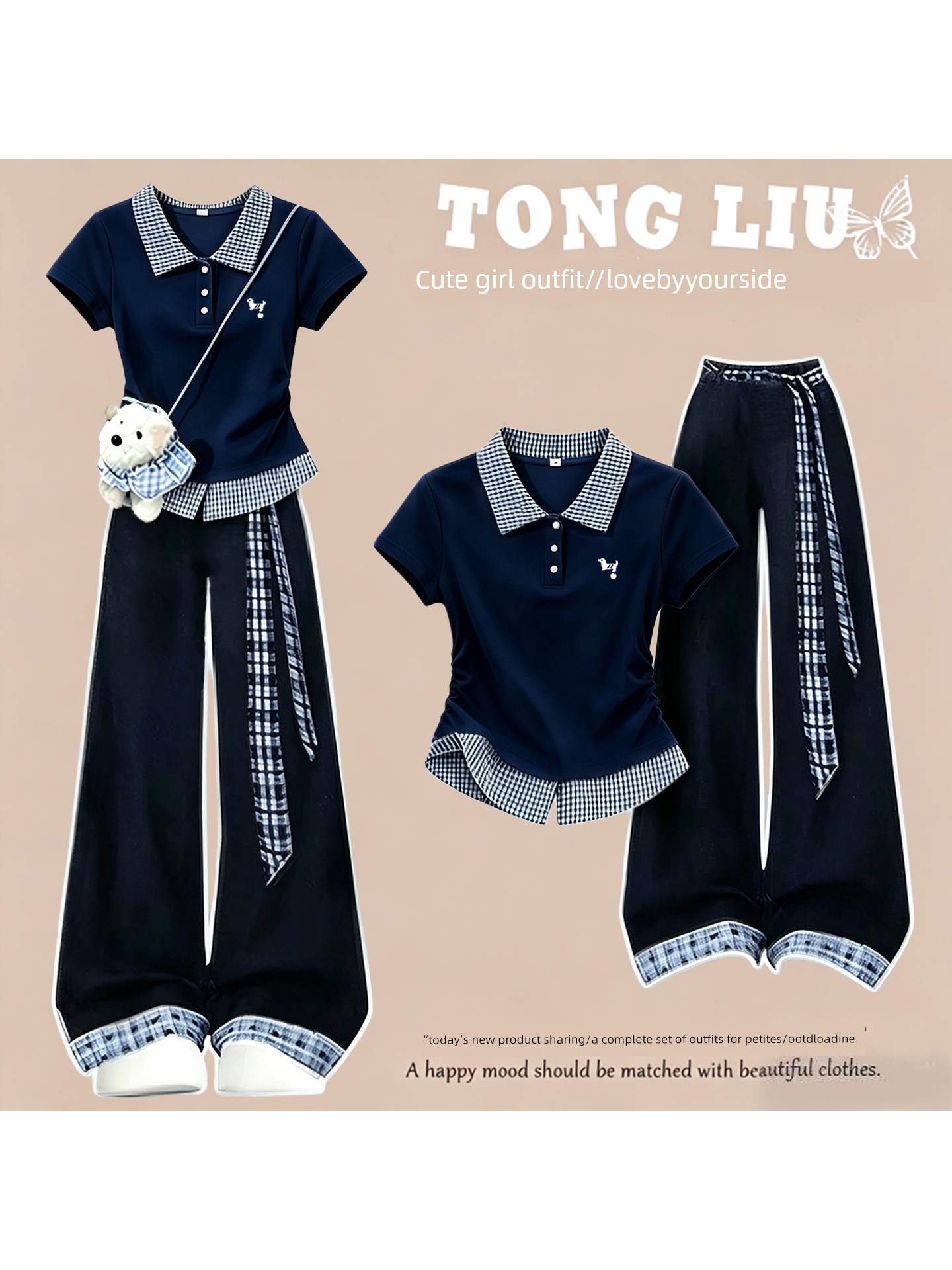 Junior High School Girls' Summer Suit, Loose Polo Collar Short-Sleeved T-Shirt, College-Style Casual Sports Wide-Leg Pants for Girls