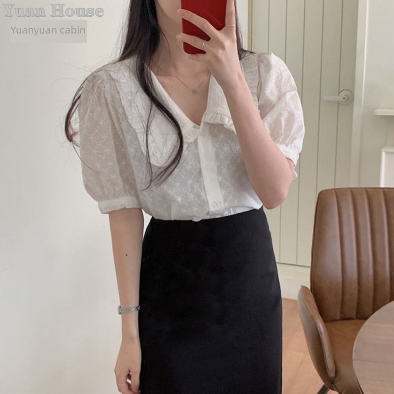 Foreign style Sweet Age reduction High waist Show thin white shirt