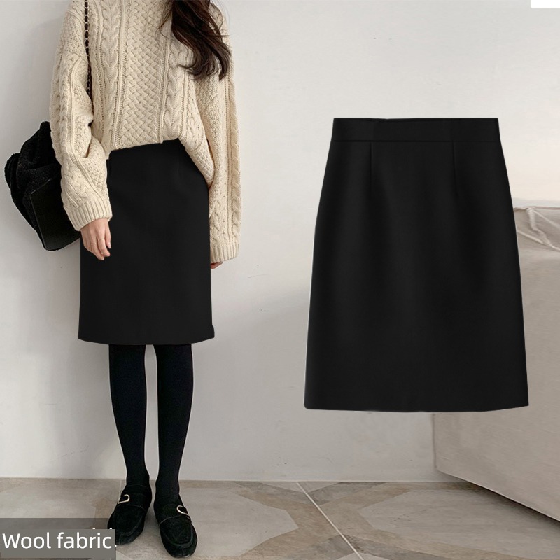the republic of korea black Fork Straight cylinder Woollen cloth leisure time skirt