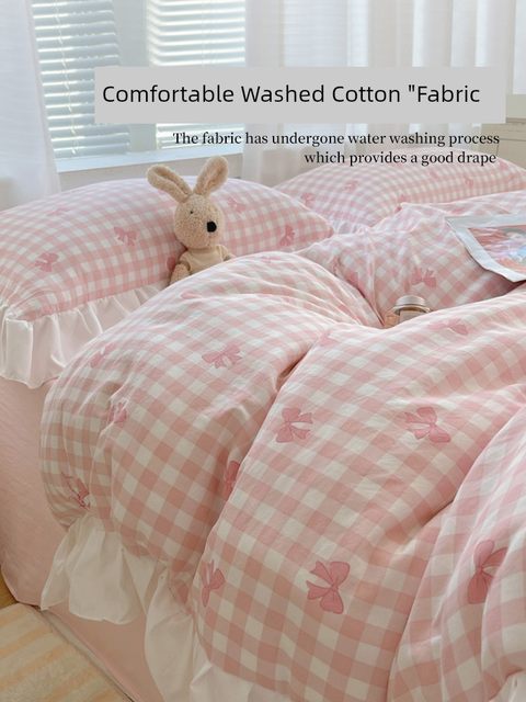Princess Style Girls Heart Four-Piece Set Partial Cotton Pure Cotton Pink Lace Quilt Set Door Bed Single Bed Three-Piece Set