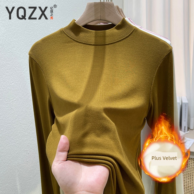 Small stand collar Undershirt female Autumn and winter Inner lap Self-cultivation Solid color Long sleeve T-shirt Half high collar Plush thickening keep warm jacket
