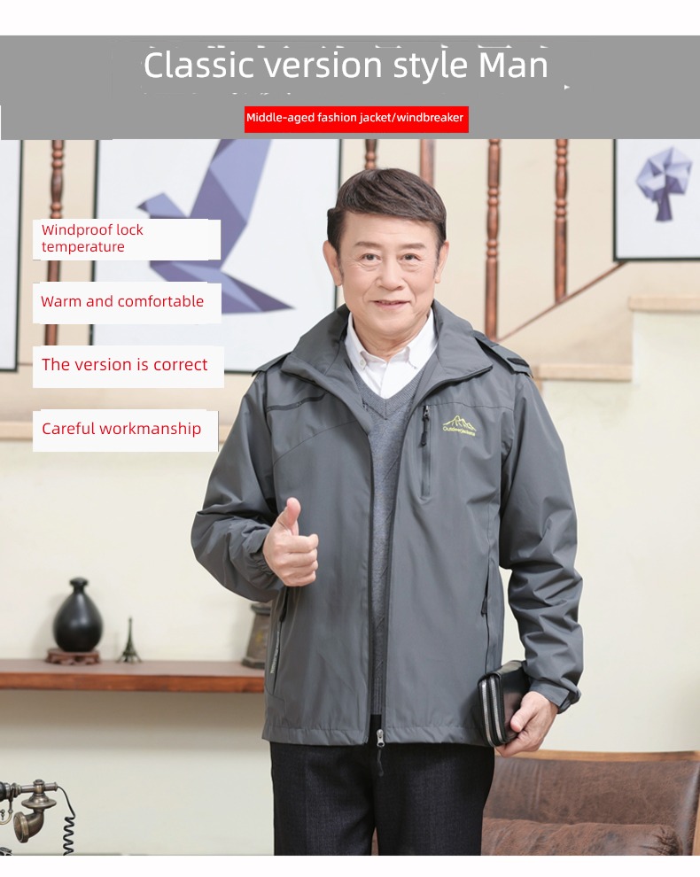 Middle aged and elderly spring and autumn Hooded man Windbreak ventilation loose coat