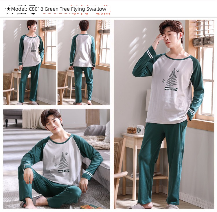 male Long sleeve Cotton Big size Autumn  summer suit pajamas