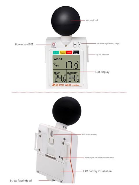 Taiwan Hengxin AZ87783 WBGT heat index heat stroke temperature and humidity meter black ball wearable temperature heat protection
