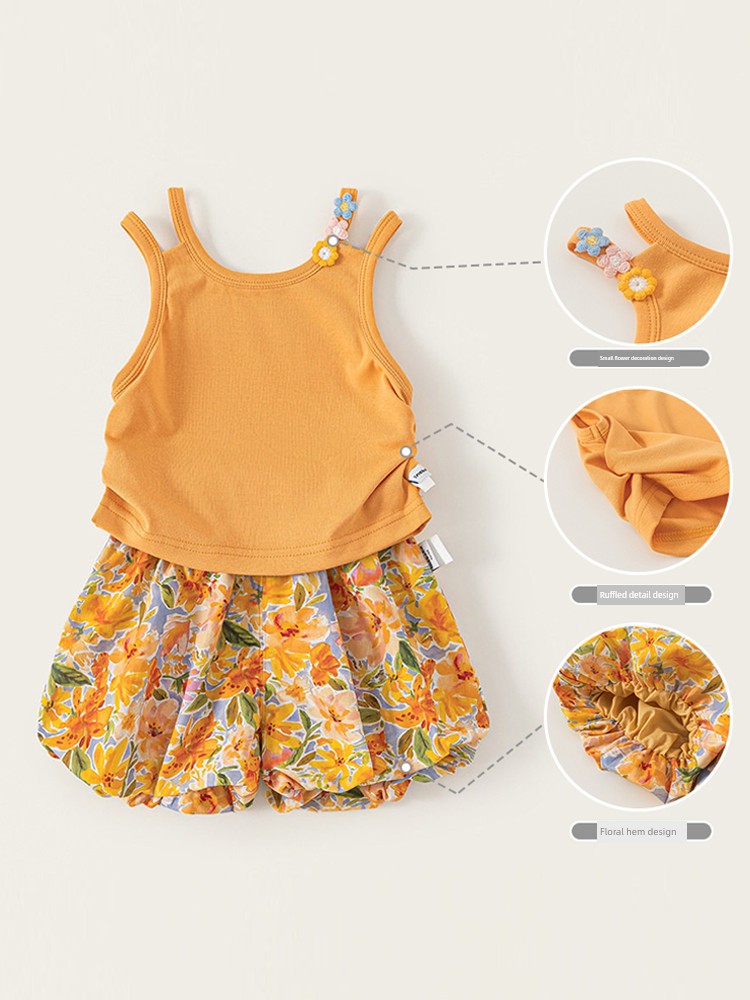 Girls' Summer Outfit: Sweet Thin Vest and Floral Bloomers, Stylish Summer Suspender Shorts for Baby Girls — 5