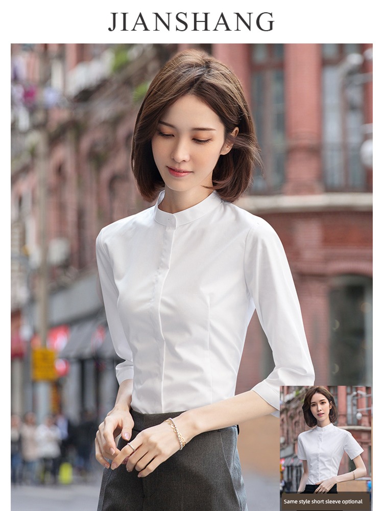 three quarter sleeve Spring and summer work clothes fashion stand collar white shirt